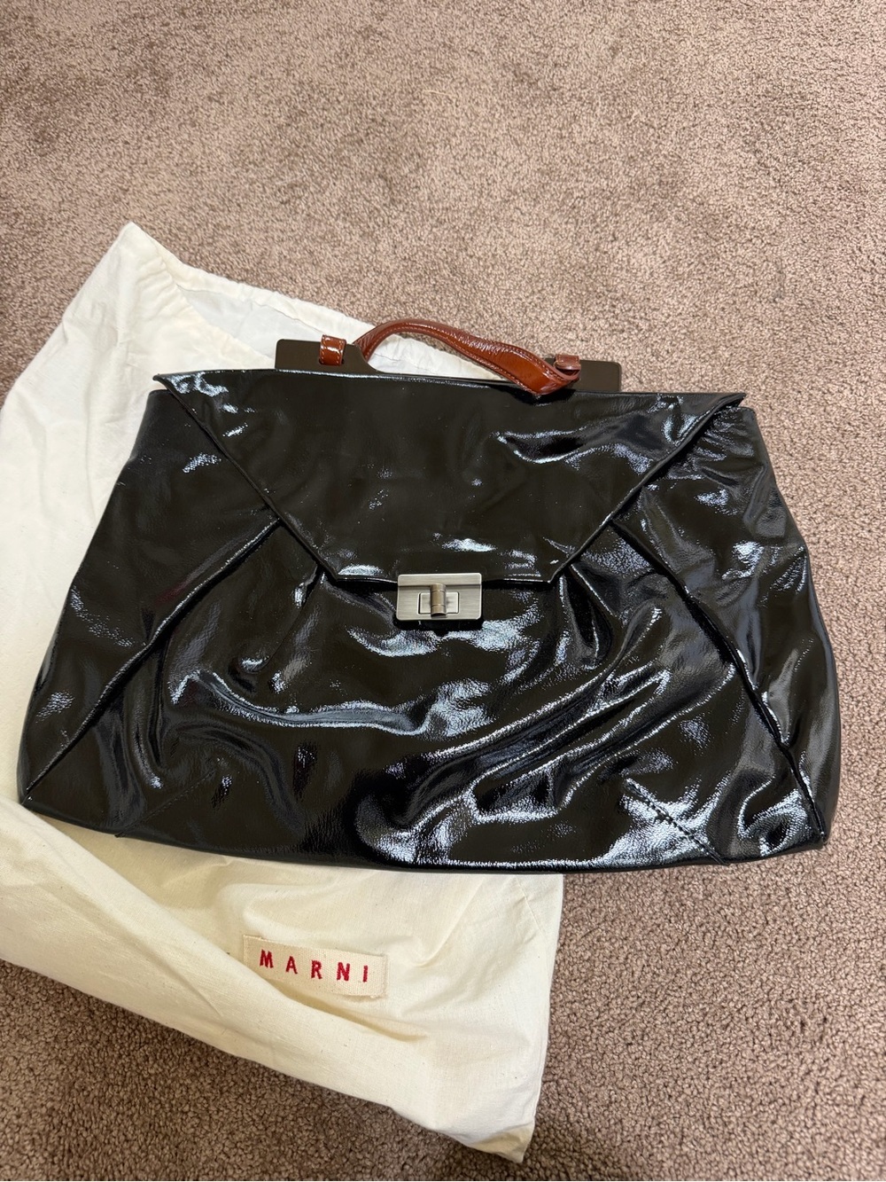 Marni Black Patent Satchel with Brown Top Handle